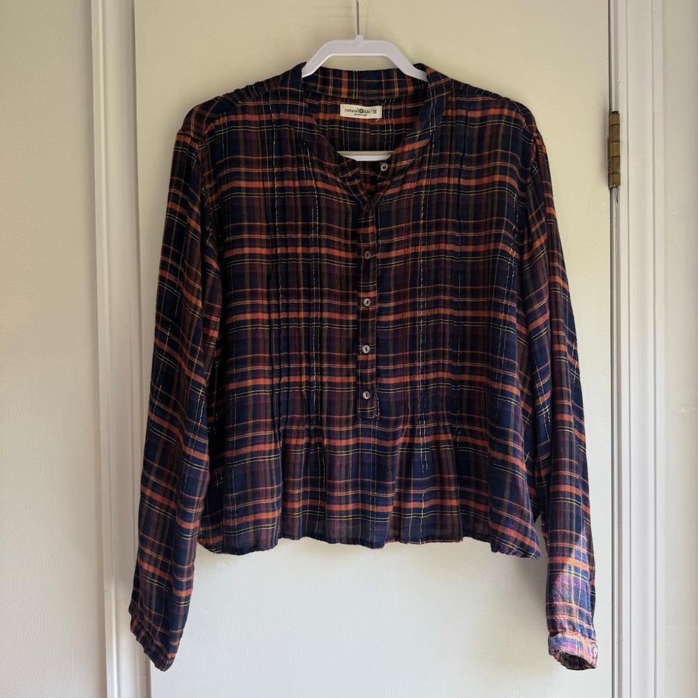 Natural Life Womens Plaid Lurex Metallic Pleated Blouse Navy Orange Medium